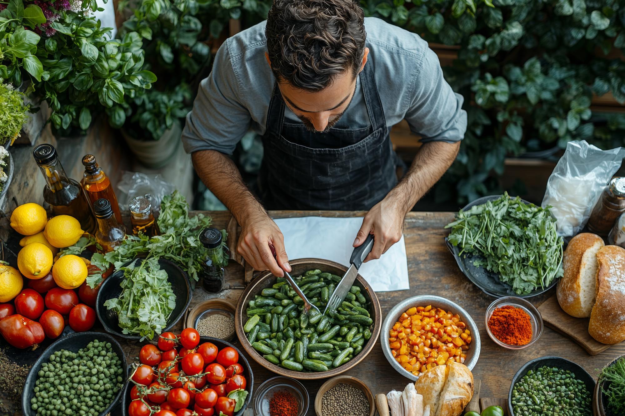 Chef arranging fresh local ingredients on wooden table